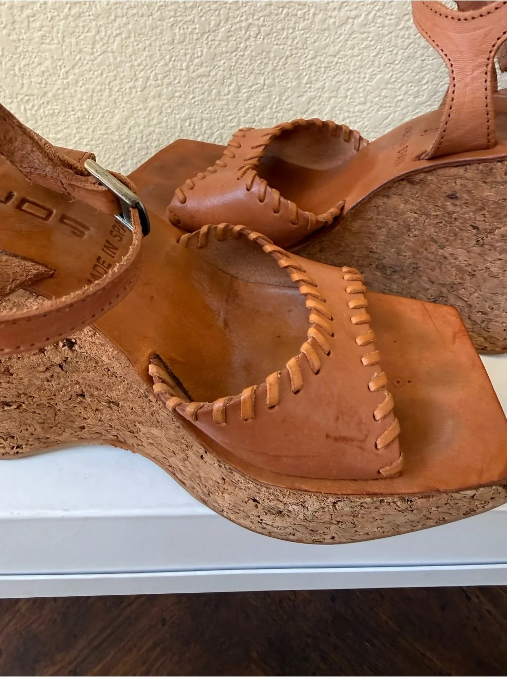 VTG 90s  Sonax Spain Cork Platform Wedge Sandals EU 36 US 5.5-6 Cognac Leather - Picture 13 of 14
